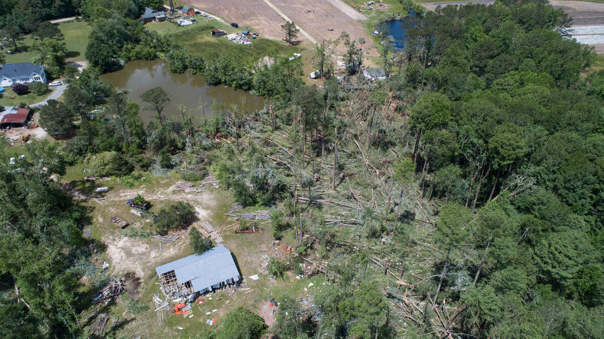 A tornado that touched down in parts of Wake County on Monday tore through wooded areas off of Weathers Road in Wendell, NC, pictured here on Tuesday, May 14, 2019.