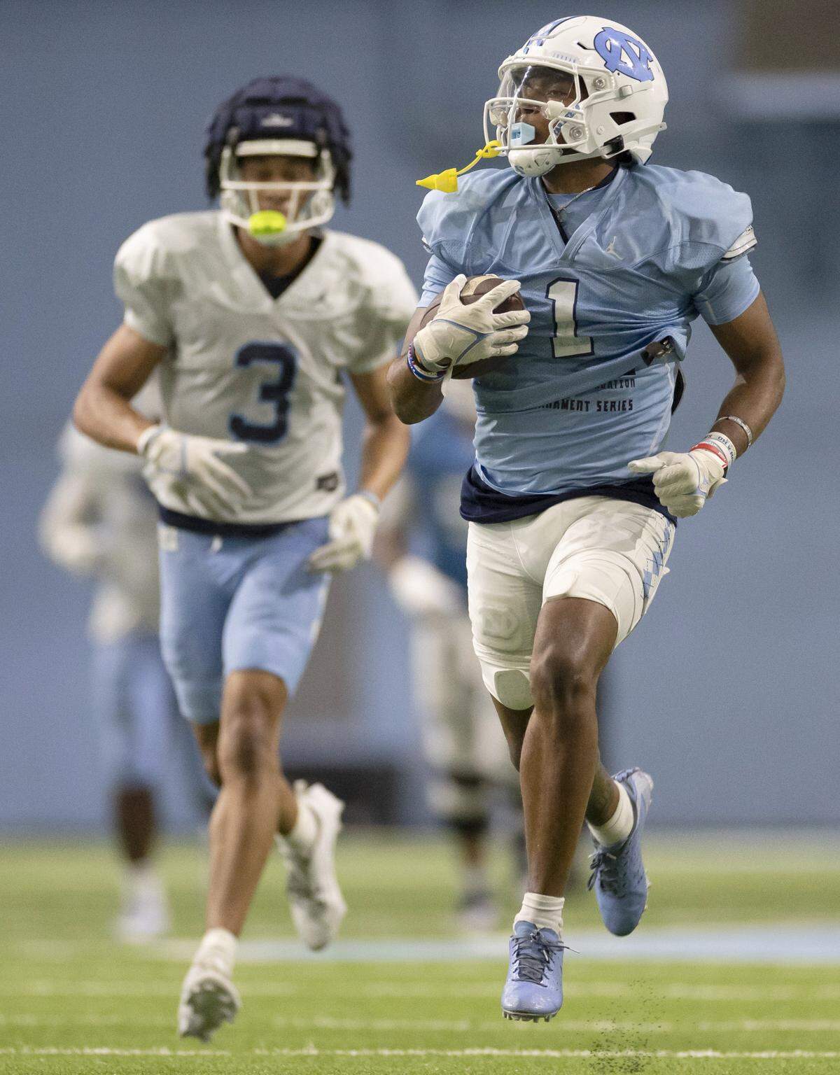 North Carolina wide receiver Jordan Shipp (1) scores a touchdown during the Tar Heels’ scrimmage on Thursday, April 11, 2024 in Chapel Hill, N.C.