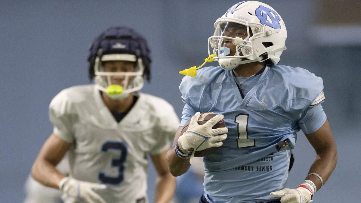 North Carolina wide receiver Jordan Shipp (1) scores a touchdown during the Tar Heels’ scrimmage on Thursday, April 11, 2024 in Chapel Hill, N.C.