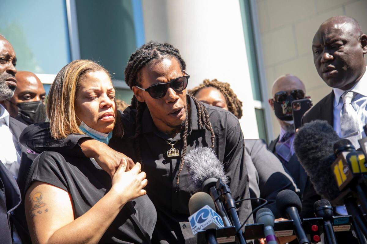 Andrew Brown Jr.’s son Khalil Ferebee, speaks outside the Pasquotank County Public Safety building in Elizabeth City on Monday April 26, 2021 after viewing 20 seconds of police body camera video. The family of Andrew Brown Jr. and their attorneys were shown the video 5 days after Brown was fatally shot by Pasquotank County Sheriff’ deputies.