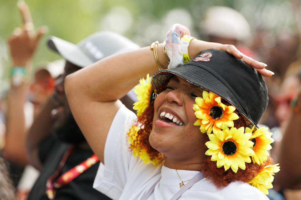 A person dances as Wale performs during the fifth Dreamville Festival on Sunday, April 6, 2025, at Dorothea Dix Park in Raleigh, N.C.