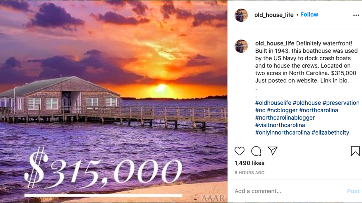 A U.S. Navy boat house used during World War II is for sale near the Outer Banks in North Carolina.
