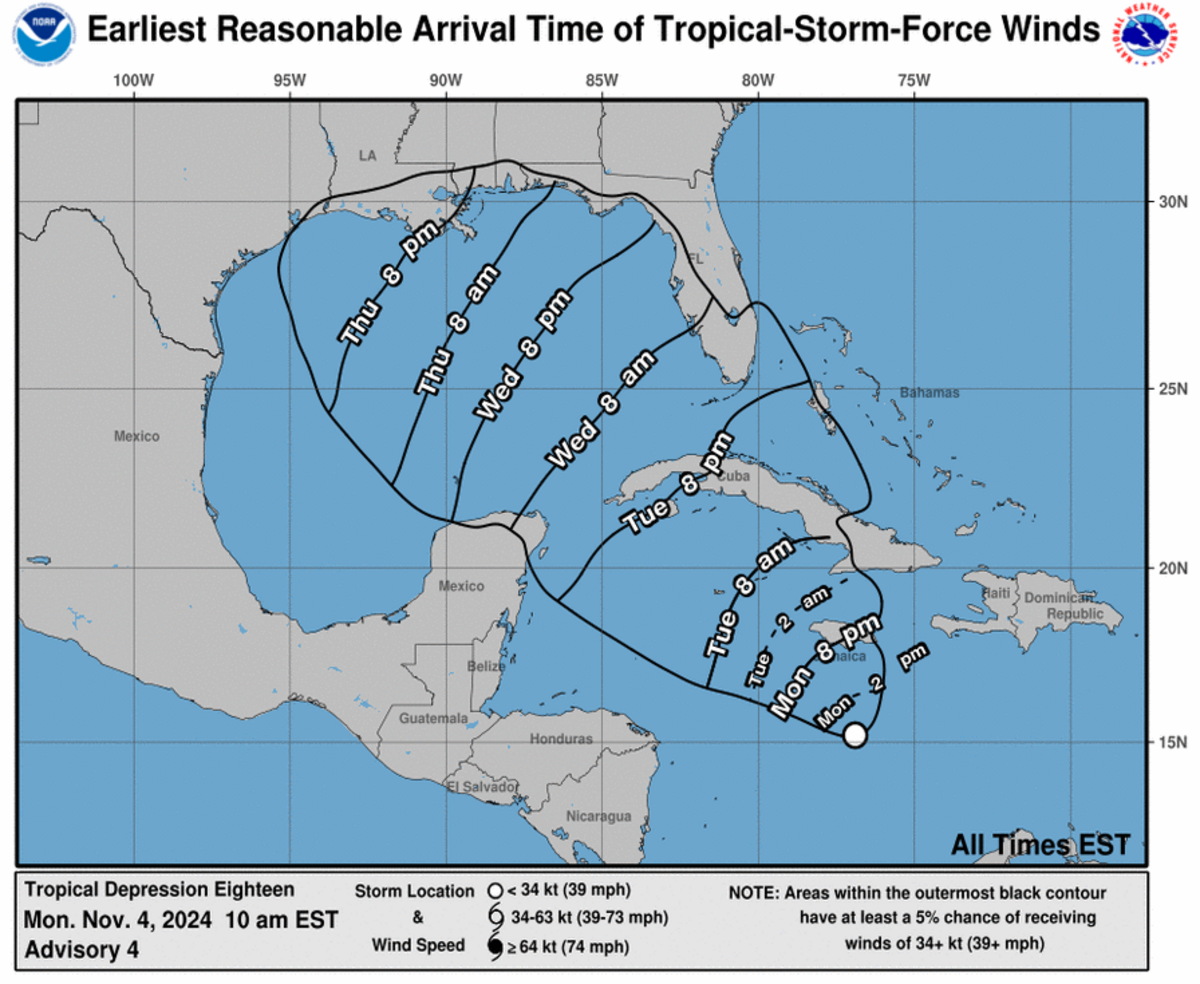 Areas along the U.S. Gulf Coast will see tropical storm-force winds this week as a depression turns into a tropical storm and possibly a Category 1 hurricane.