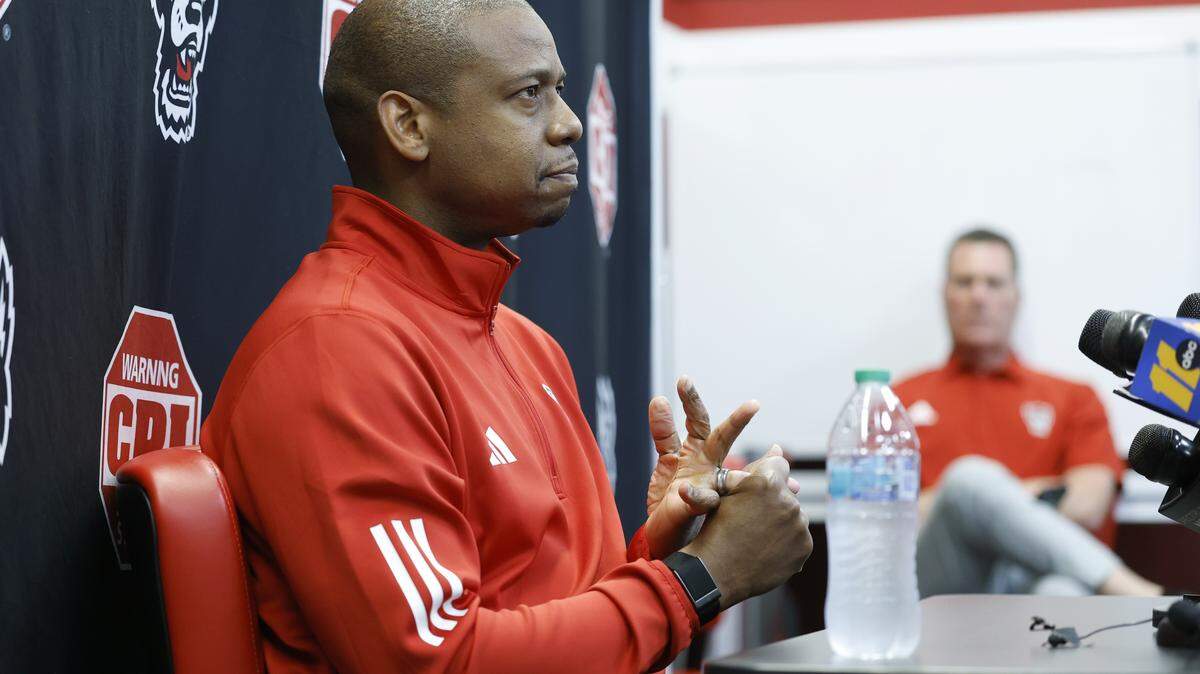 N.C. State head basketball coach Justin Gainey answers a question during a media availability at the Dail Basketball Center in Raleigh, Thursday, May 14, 2026.