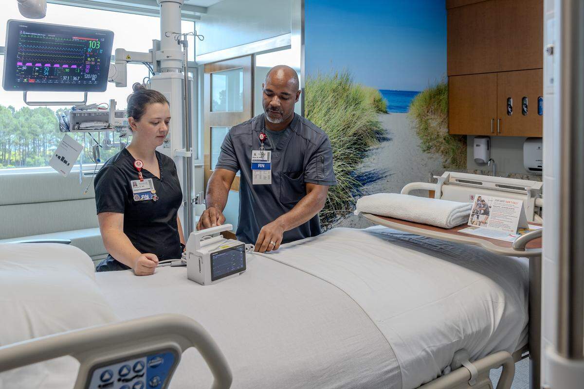 Physicians work inside a room at the new intensive care unit at WakeMed North Hospital.