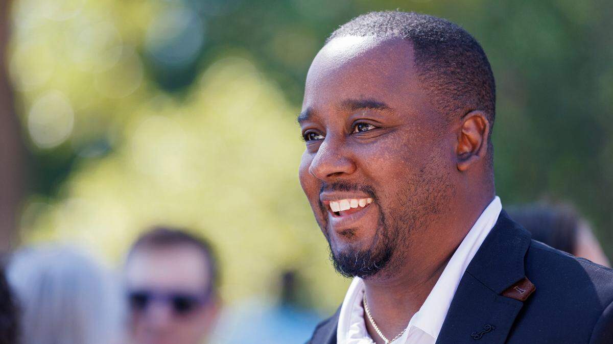 Corey Branch smiles prior to a ceremony on Friday, May 31, 2024 to celebrate a 16-month restoration effort of historic homes at Dorothea Dix Park in Raleigh, N.C. Branch is one of several candidates running for mayor in Raleigh.