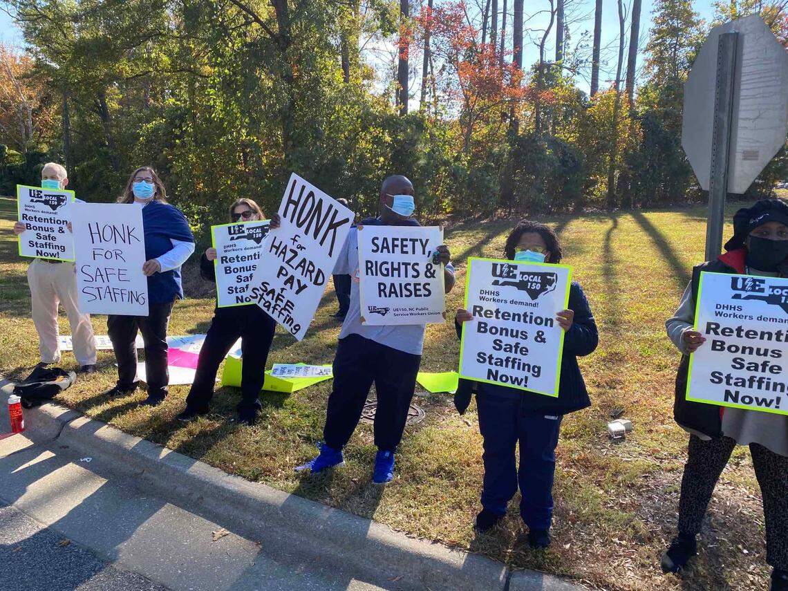 N.C. Department of Health and Human Services workers in the UE 150 public service workers union have protested about staffing issues, shown in this photo taken by the union at a 2021 rally.