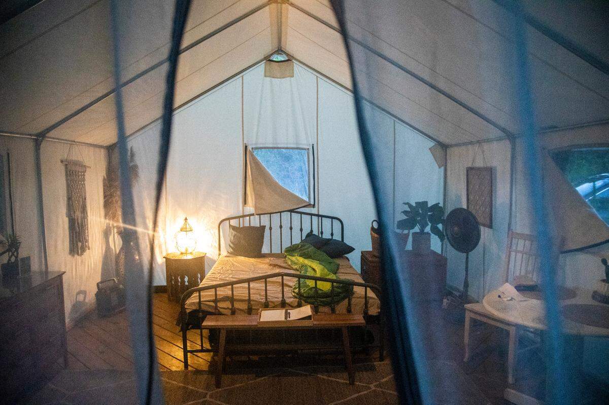 The solar-powered interior of a “glamping” tent at Holden Beach RV Campground.