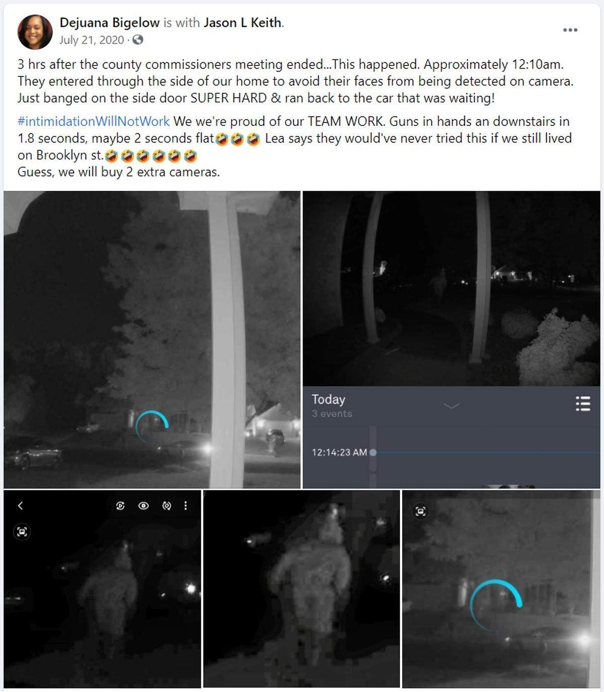Images from Dejuana Bigelow’s front door security camera at her home in Burlington, N.C. can be seen in a Facebook post she made on July 21, 2020. Bigelow had attended an Alamance County Commissioners meeting in Graham, N.C. on July 20, where several people spoke about the removal of the city’s Confederate monument.