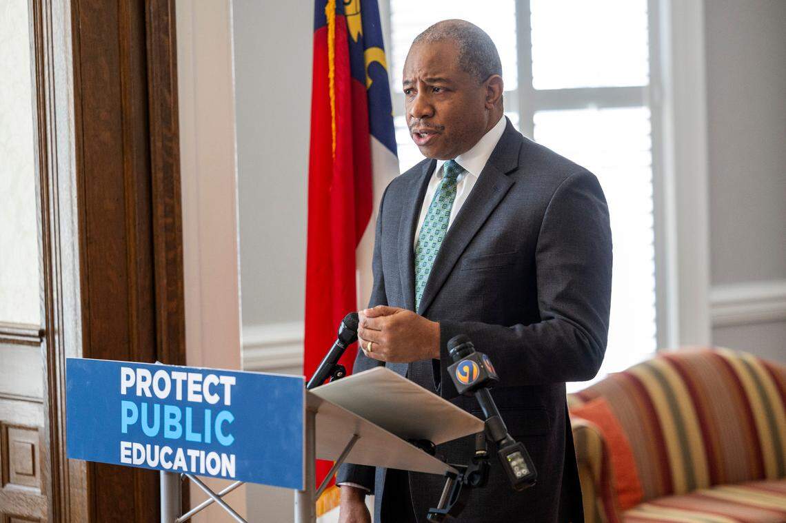 Mo Green, the Democratic nominee for state superintendent, speaks during a press conference at the Democratic Party’s state headquarters in Raleigh on Thursday, March 21, 2024.
