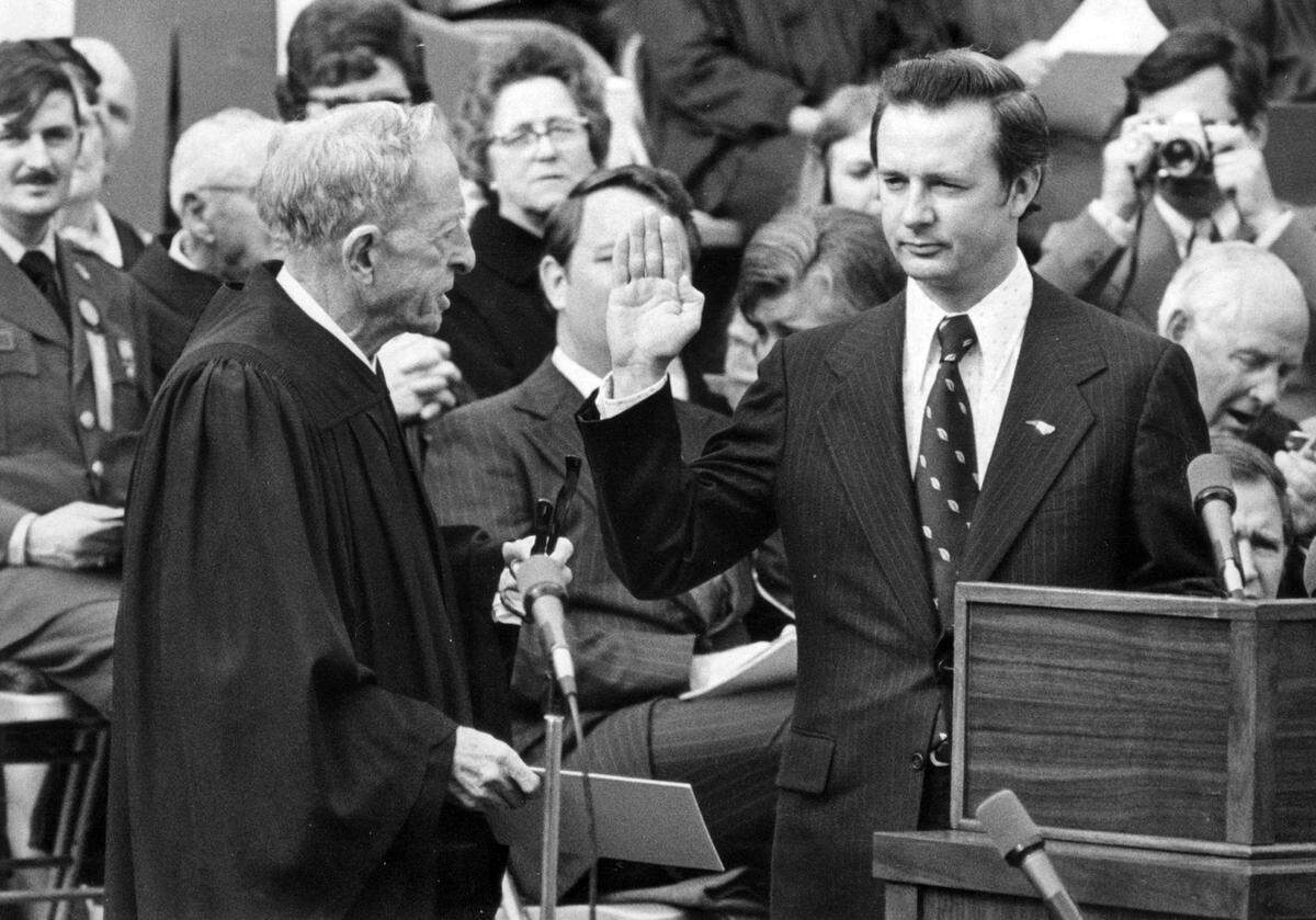 Jim Hunt is sworn in as Governor in 1977.