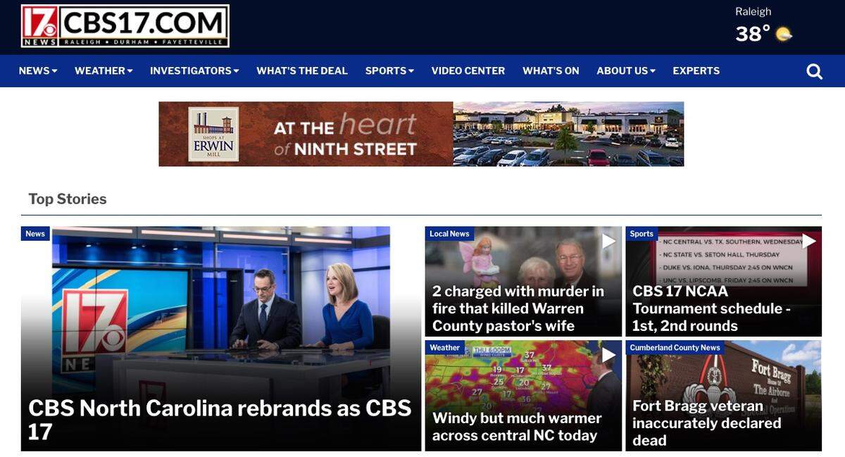 A screen shot of the new CBS 17 website on March 15, 2018.