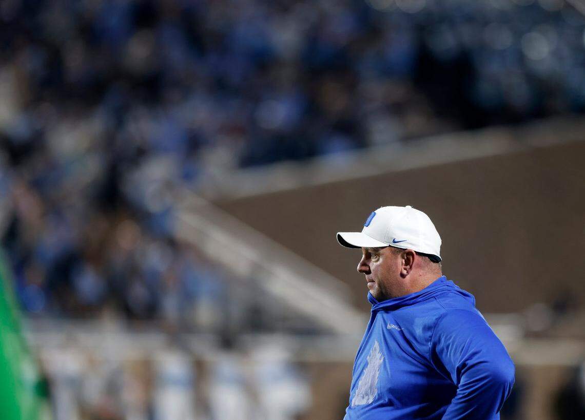 Duke Blue Devils head coach Mike Elko watches from the sideline during the Blue Devils’ game against North Carolina on Saturday, Oct. 15, 2022, at Wallace Wade Stadium in Durham, N.C.