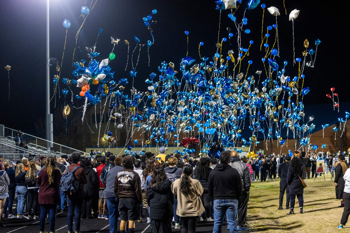 Mourners release balloons at the conclusion of a vigil Wednesday, Jan. 24, 2024 on the track of Charles T. Tucker Stadium at Smithfield-Selma High School in Johnston County. Five Smithfield-Selma students were memorialized including four boys who died in a car wreck early Monday morning.