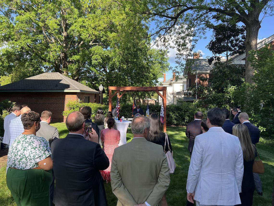 N.C. Republican Lt. Gov. Mark Robinson spoke during a Halifax Resolves Day event at the Hawkins-Hartness House on May 1, 2024.