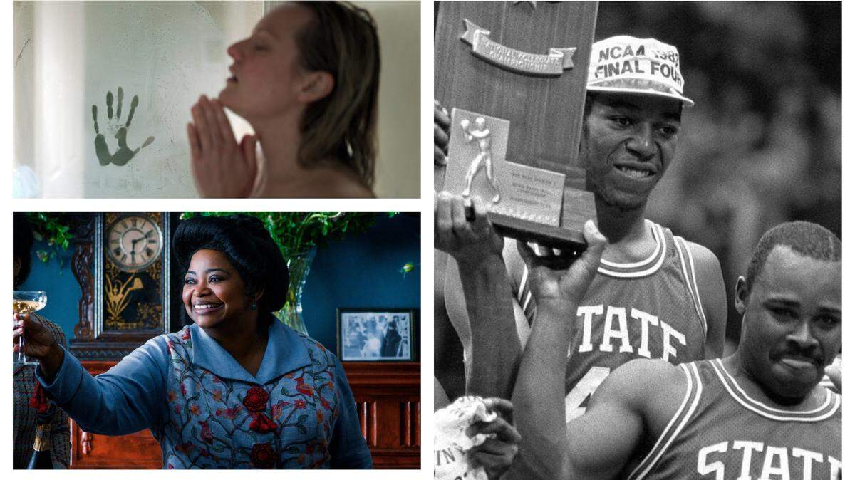 Clockwise: Elisabeth Moss in “The Invisible Man,” the 1983 NCAA Championship game, Octavia Spencer in “Self Made.”