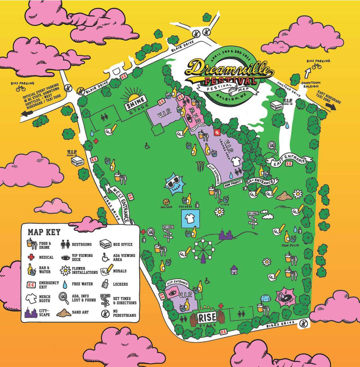 Dreamville Music Festival will be held in Raleigh, N.C., April 2 and 3, 2022. Here is a map of the event at Dorothea Dix Park.