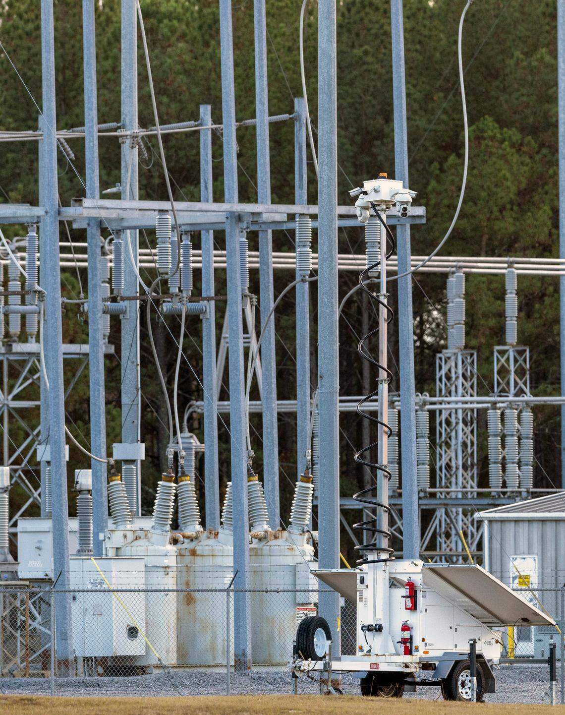 A security camera is shown at the Duke Energy substation in the Moore County community of West End on Wednesday, November 22, 2023. This substation was damaged by gun fire in December 2022.