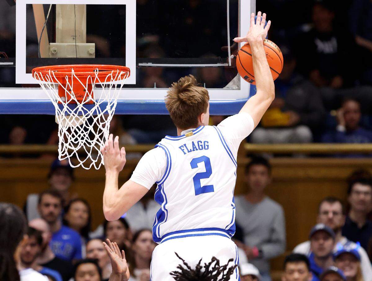 Duke’s Cooper Flagg (2) blocks a shot during the first half of Duke’s exhibition game against Lincoln (Pa) University at Cameron Indoor Stadium in Durham, N.C., Saturday, Oct. 19, 2024.
