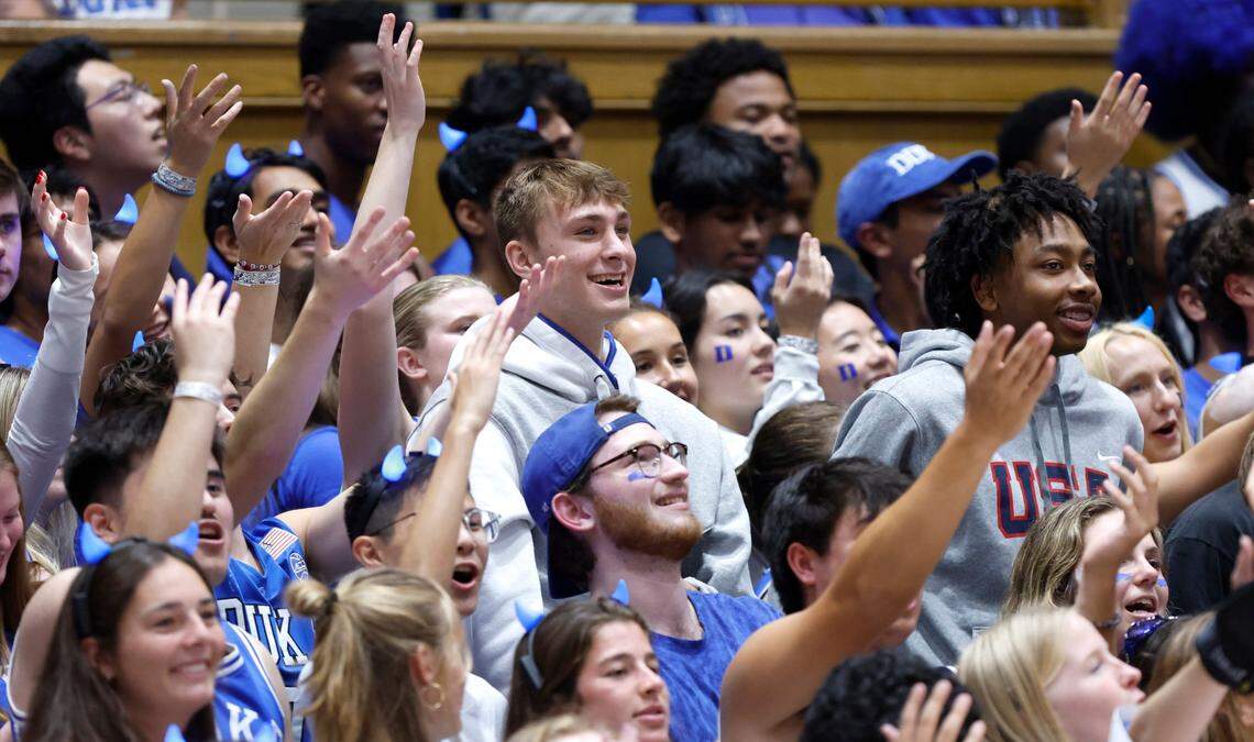 Recruit Cooper Flagg stands amongst the Cameron Crazies during Duke basketball’s Countdown to Craziness at Cameron Indoor Stadium in Durham, N.C., Friday, Oct. 20, 2023.
