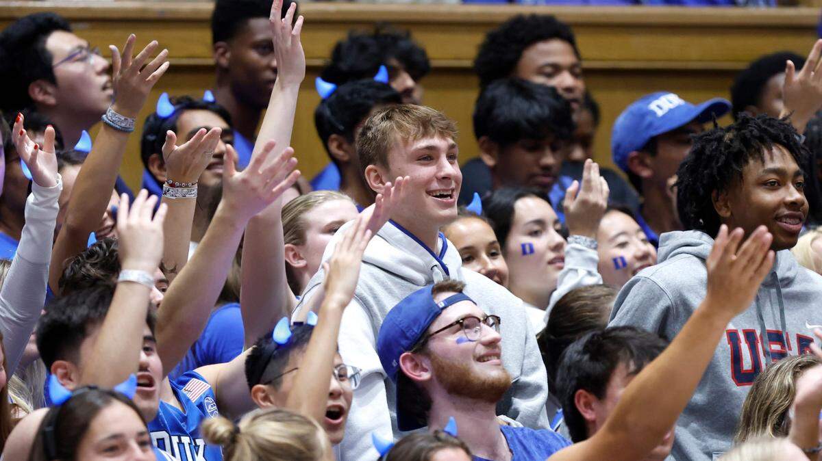 Recruit Cooper Flagg stands amongst the Cameron Crazies during Duke basketball’s Countdown to Craziness at Cameron Indoor Stadium in Durham, N.C., Friday, Oct. 20, 2023.