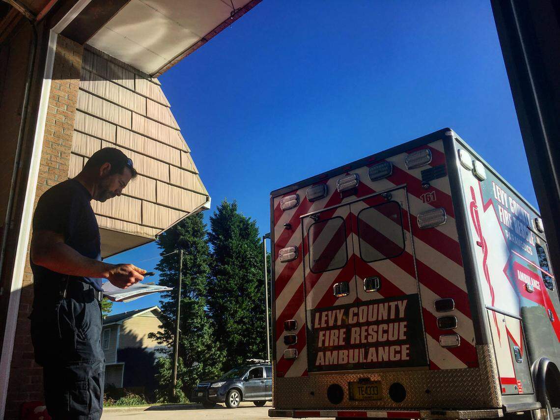 A Levy County, Fla., EMS crew was on standby at the Spring Lake Fire Department on Tuesday, Sept. 18, 2018.