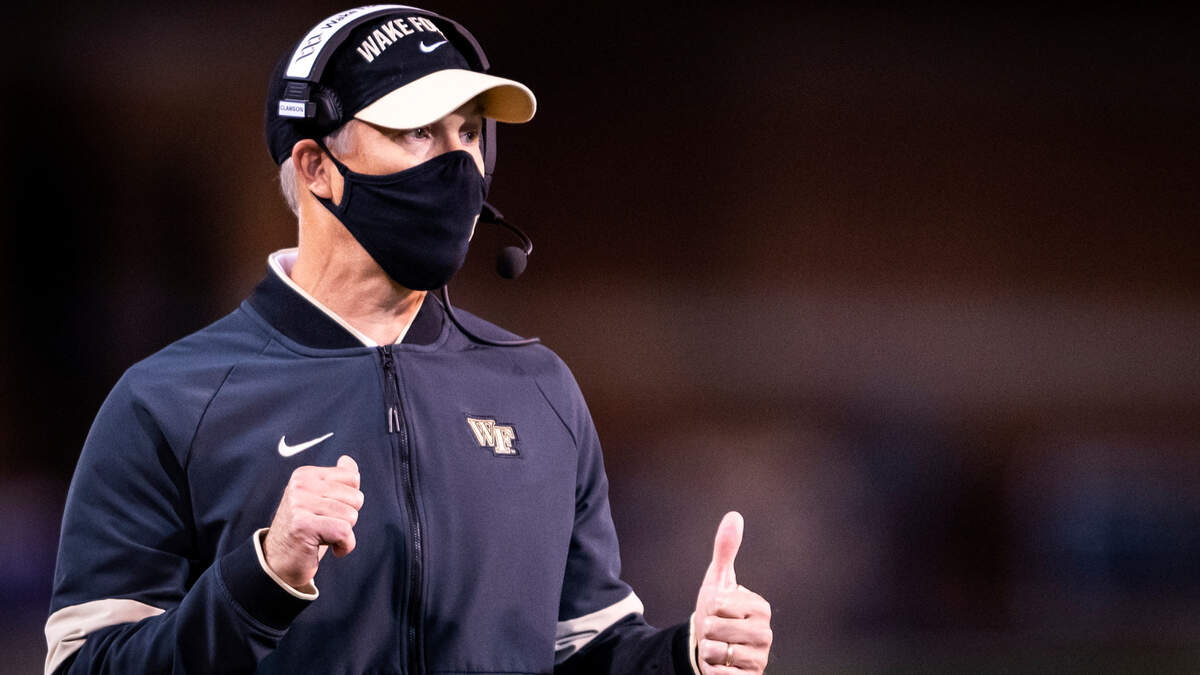 Wake Forest head coach Dave Clawson gestures to the officials on Friday, Oct. 2, 2020 at Truist Field in Winston-Salem, N.C. (Winston-Salem Journal/Andrew Dye) 100320-wsj-spt-wakefootball
