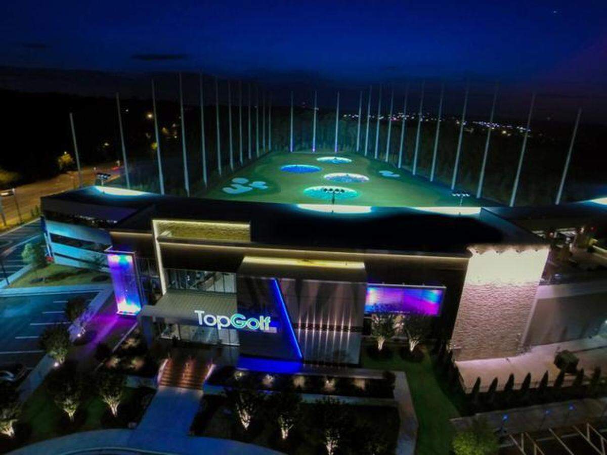 TopGolf in Alpharetta, Georgia, is 65,000 square feet, the size of a facility being considered for Cary Towne Center. It has three levels, 102 hitting bays, a rooftop terrace with fire pits and 250 TVs.