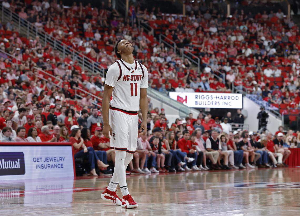 N.C. State's Quadir Copeland reacts during the second half of the Wolfpack’s 85-84 loss to Stanford on Saturday, March 7, 2026, at Lenovo Center in Raleigh, N.C.