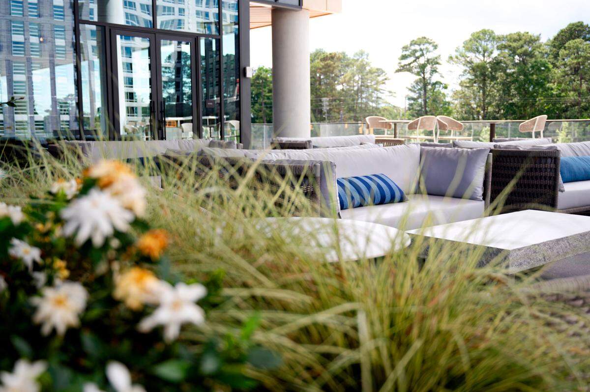The second floor of North Hills Tower has a terrace with outdoor seating and will be adding an outdoor bar space. Pictured on May 29, 2024.