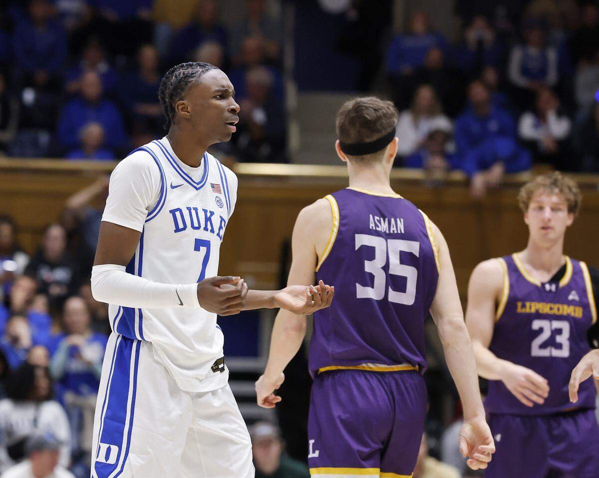 Duke’s Dame Sarr reacts after turning the ball over during the second half of the Blue Devils’ 97-73 win over Lipscomb on Tuesday, Dec. 16, 2025, at Cameron Indoor Stadium in Durham, N.C.