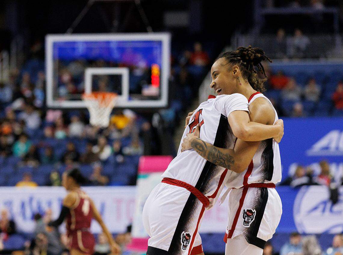 N.C. State’s Madison Hayes and Aziaha James embrace after a Wolfpack basket during the second half of N.C. State’s 69-43 win over Florida State in the ACC Tournament semifinals on Saturday, March 9, 2024, at Greensboro Coliseum in Greensboro, N.C.