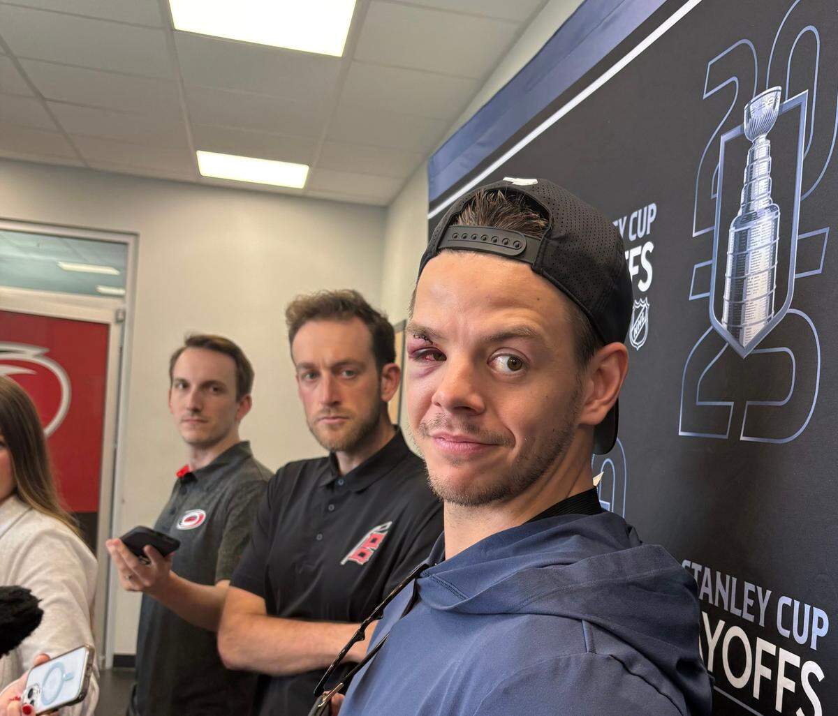 Carolina Hurricanes center Jesperi Kotkaniemi meets with the media on Thursday. He needed stitches to close a cut above his right eye in Tuesday’s double-overtime win to close out the New Jersey Devils, but the Hurricanes scored on the four-minute power play after Kotkaniemi was high-sticked.