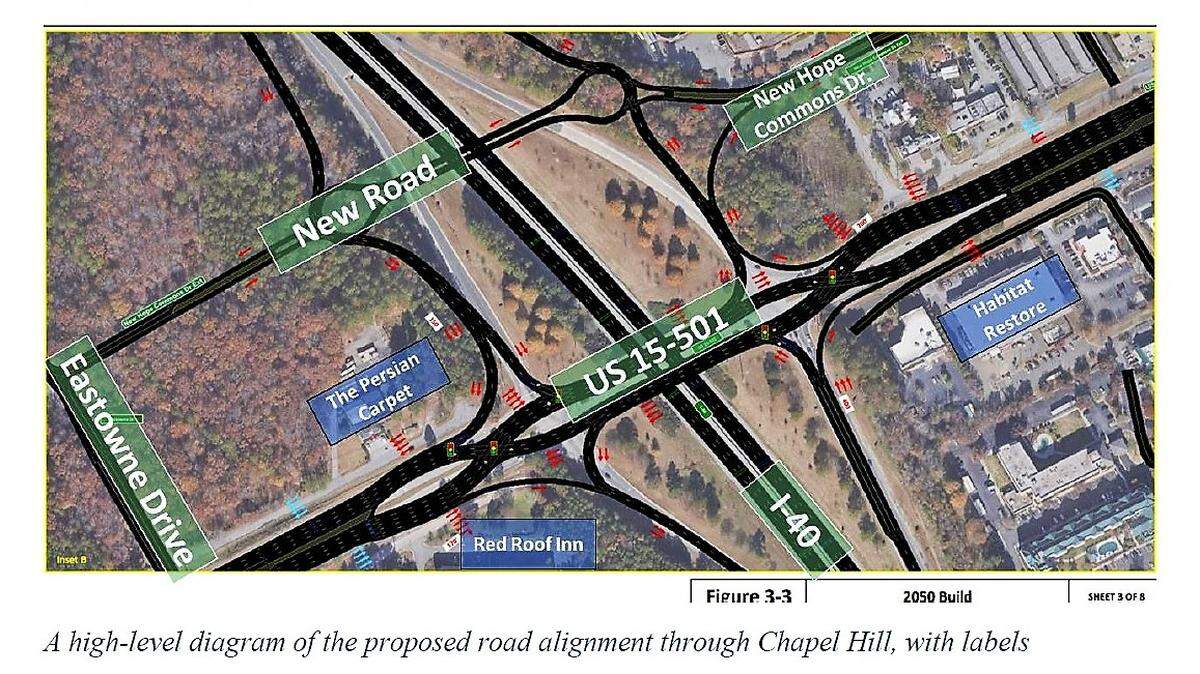 A draft plan shows a new road across Interstate 40, connecting Eastowne Drive in Chapel Hill to New Hope Commons Drive in Durham. The road would have new on- and off-ramps, allowing NCDOT to create a diverging diamond interchange on U.S. 15-501.