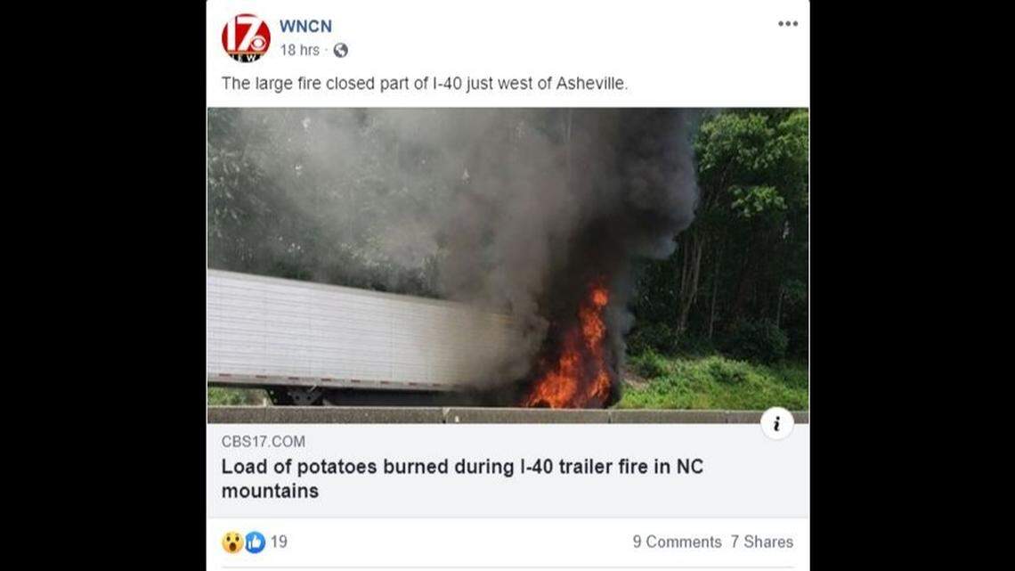 A truck carrying potatoes caught fire in North Carolina for the second time this month, officials say.