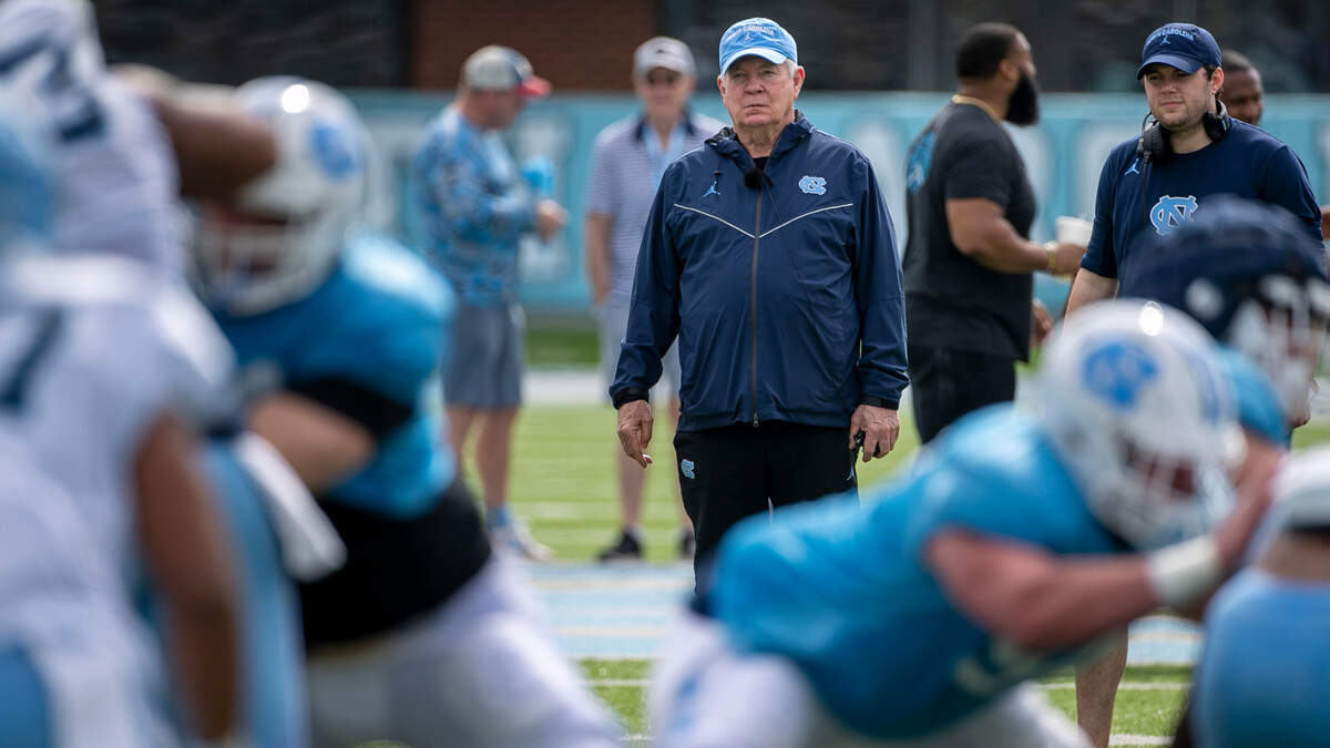 North Carolina coach Mack Brown watches his team during their open practice on Saturday, March 25, 2023 at Kenan Stadium in Chapel Hill. N.C.