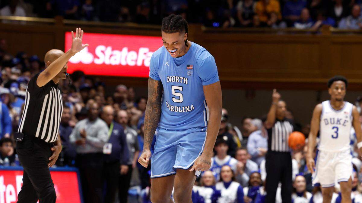North Carolina’s Armando Bacot (5) celebrates late in the second half of UNC’s 84-79 victory over Duke at Cameron Indoor Stadium in Durham, N.C., Saturday, March 9, 2024.