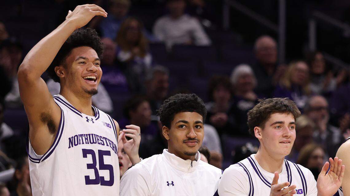 Cade Bennerman (35), of the Northwestern Wildcats celebrates a dunk against the Mercyhurst Lakers during the second half at Welsh-Ryan Arena on November 03, 2025 in Evanston, Illinois.