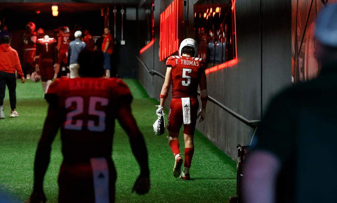 N.C. State wide receiver Thayer Thomas (5) walks up the tunnel after Boston College’s 21-20 victory over N.C. State at Carter-Finley Stadium in Raleigh, N.C., Saturday, Nov. 12, 2022.