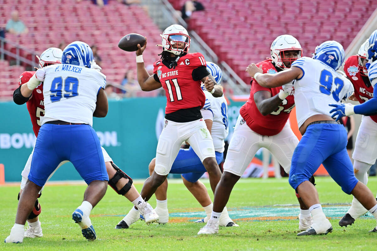 N.C. State quarterback CJ Bailey (11) looks to throw a pass in the first half against the Memphis Tigers during the 2025 Union Home Mortgage Gasparilla Bowl at Raymond James Stadium on Dec. 19, 2025 in Tampa, Florida.