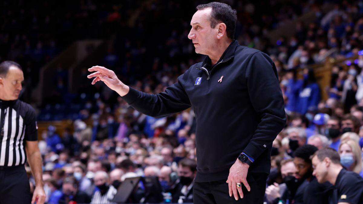 Duke head coach Mike Krzyzewski instructs his team during the second half of Duke’s 103-62 victory over S.C. State at Cameron Indoor Stadium in Durham, N.C., Tuesday, December 14, 2021.