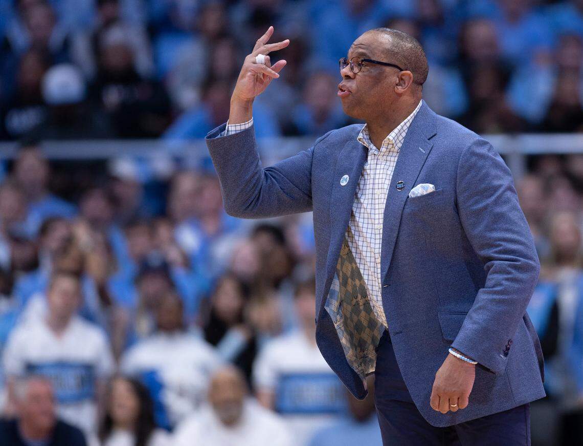 North Carolina coach Hubert Davis directs his team during the first half against Wake Forest on Monday, January 22, 2024 at the Smith Center in Chapel Hill, N.C.