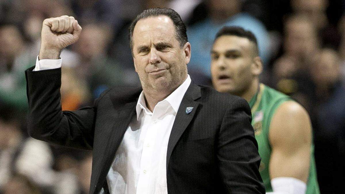 Notre Dame coach Mike Brey reacts as the Irish cut into an early Duke lead during the first half of the championship game of the ACC Tournament on Saturday, March 11, 2017 at the Barclays Center in Brooklyn, N.Y.