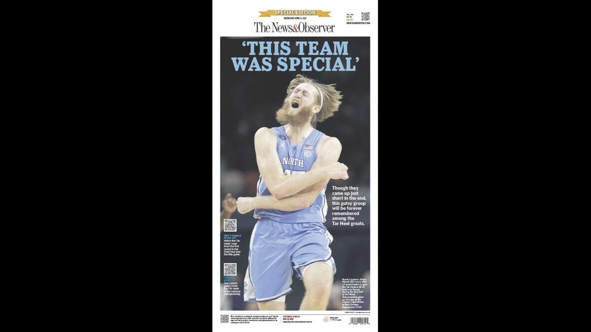 North Carolina’s Brady Manek (45) reacts after a three-point basket to give the Tar Heels a 28-22 lead over Kansas during the first half of the NCAA Championship game on Monday, April 4, 2022 at Caesars Superdome in New Orleans, La.