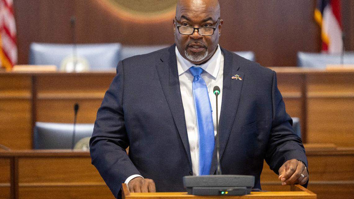 North Carolina Lt. Gov. Mark Robinson speaks during the North Carolina Medal of Valor ceremony honoring Craven County deputy Lt. Lyndsey Moses-Winnings at the General Assembly on Wednesday, July 10, 2024 in Raleigh, N.C.