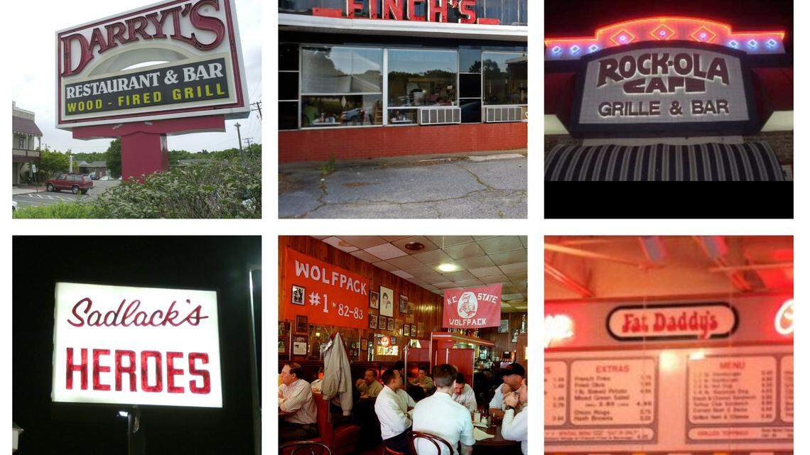Just a few of our favorite closed Raleigh restaurants (clockwise): Darryl’s Restaurant and Bar, Finch’s, Rockola Cafe, Fat Daddy’s, Brothers Pizza Palace and Sadlack’s Heroes.