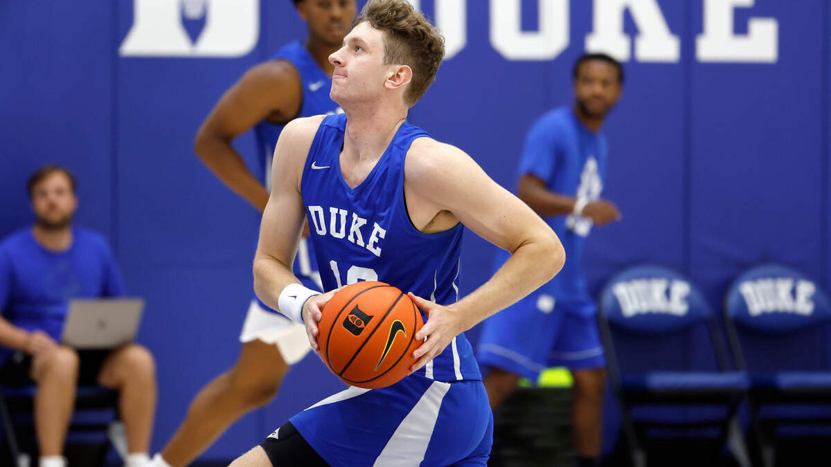 Duke’s TJ Power (12) heads to the basket during the Blue Devils’ workout at the K Center practice courts in Durham, N.C., Wednesday, July 12, 2023.