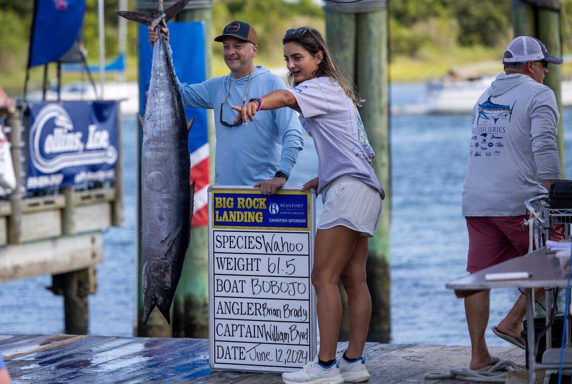 Brian Brady poses with a 61.5-pound wahoo on Wednesday, June 12, 2024 at Big Rock Landing in Morehead City during the 66th Annual Big Rock Blue Marlin Tournament.