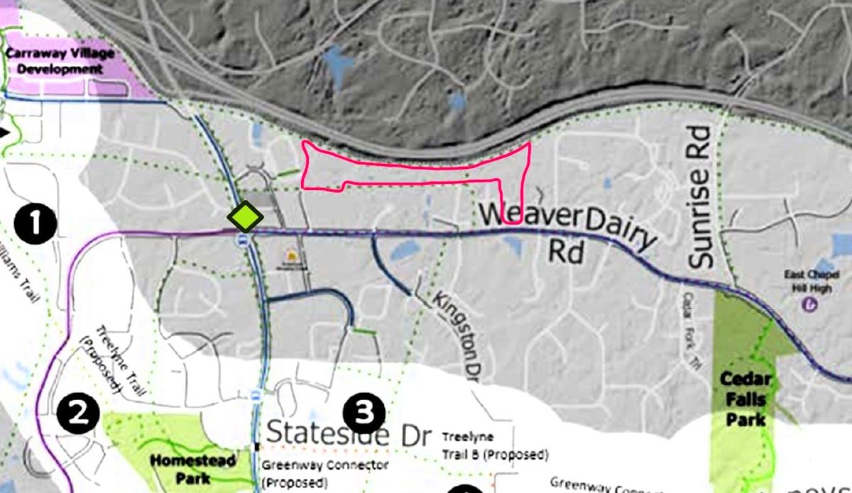 The project site at 860 Weaver Dairy Road (outlined in red) hugs Interstate 40 in northern Chapel Hill. Multiple projects have been proposed for the site over the last few years.