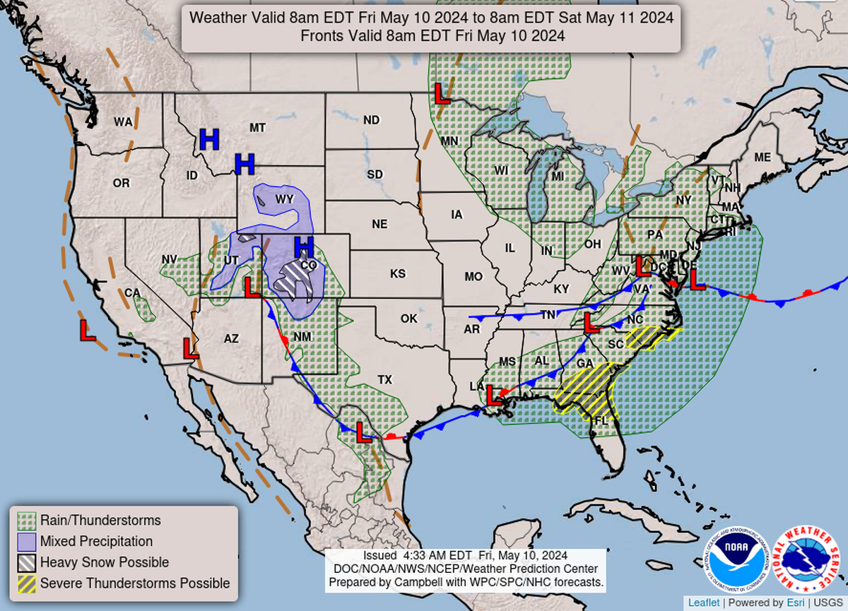 The National Weather Service said hail, strong winds and tornadoes are possible in North Carolina Friday. The highest risk, still only 2 out of 5, is in Cumberland, Hoke, Sampson and Scotland counties, forecasters said.